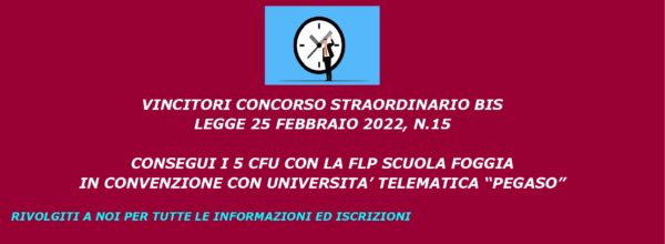 AVVISO IMPORTANTE PER I DOCENTI CHE HANNO SUPERATO IL CONCORSO STRAORDINARIO BIS SCUOLA SECONDARIA: CONSEGUI ORA I 5 CFU ONLINE- RIVOLGITI PRESSO LA NOSTRA SEDE PER INFORMAZIONI E ISCRIZIONI