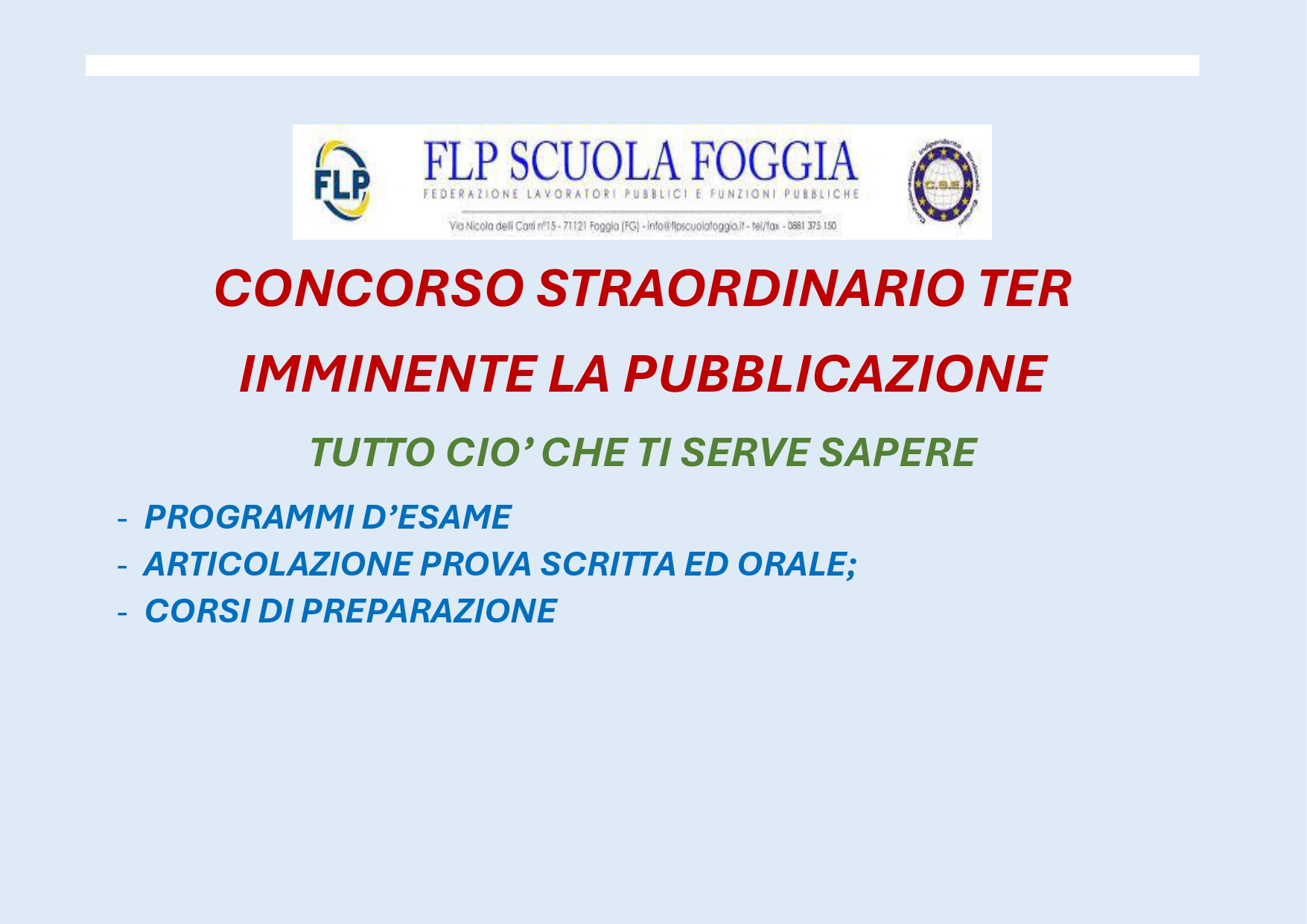 CONCORSO STRAORDINARIO TER: CALENDARIO PROVA SCRITTA- 11-12 MARZO  INFANZIA/PRIMARIA E 13-19 MARZO SCUOLA SECONDARIA - flp scuola foggia