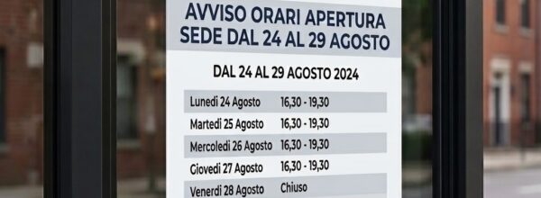AVVISO : ORARI APERTURA SEDE PROVINCIALE FLP SCUOLA DAL 24 AL 28 AGOSTO 2026
